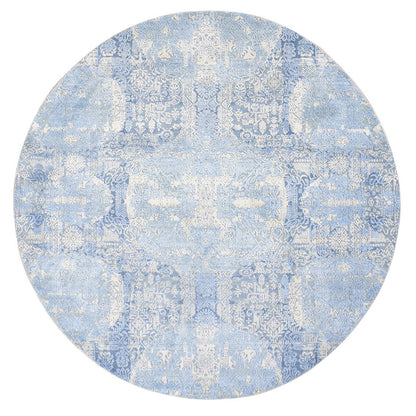 6'X6' Blue Hand Knotted Wool And Pure Silk Jewellery Design Round Rug