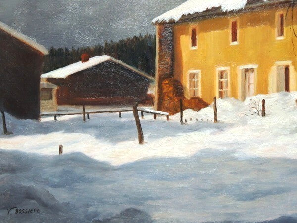 Yvette signed French village oil painting snow landscape