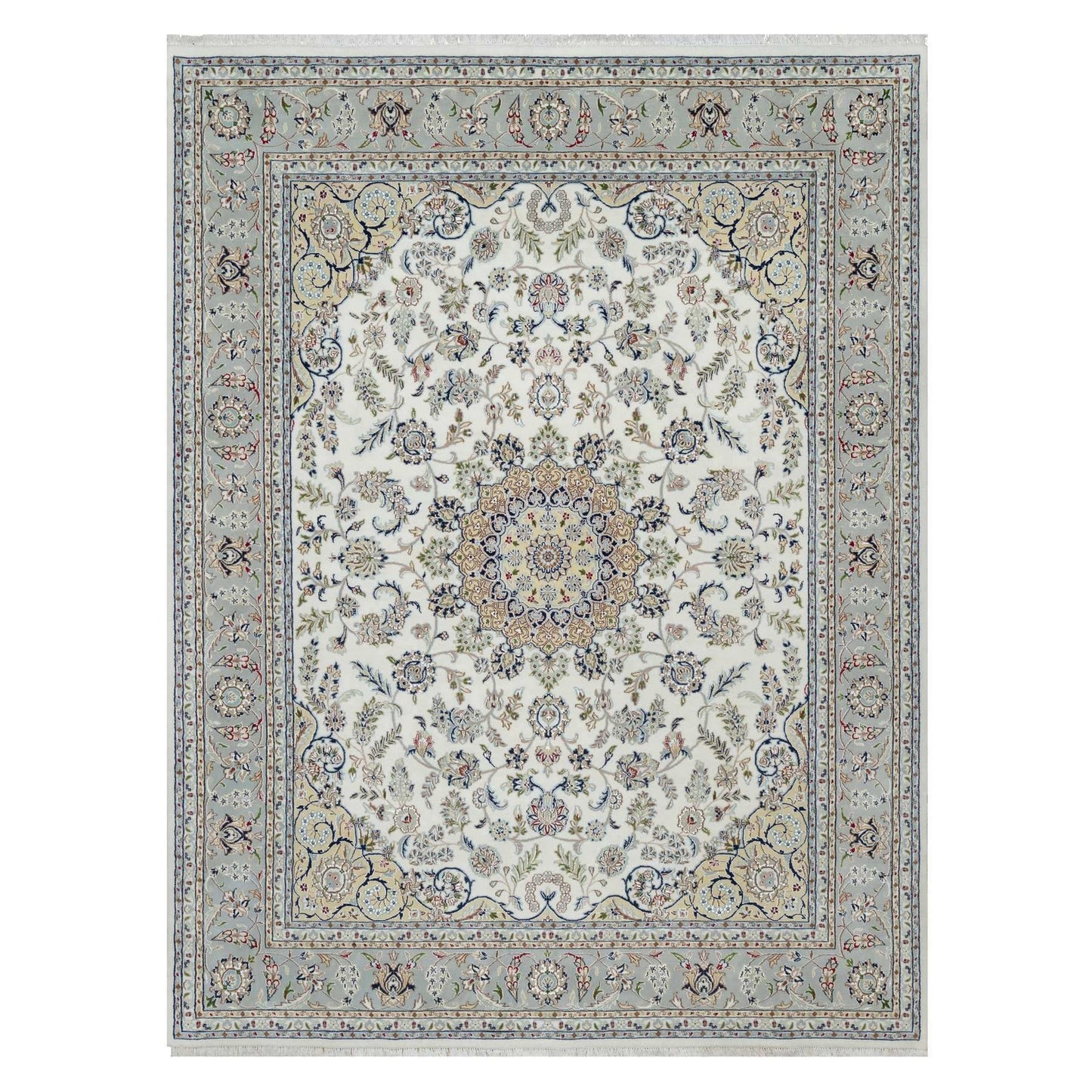 7'8"X10'2" Daisy White Nain Floral Design Hand Knotted Wool And Silk Rug