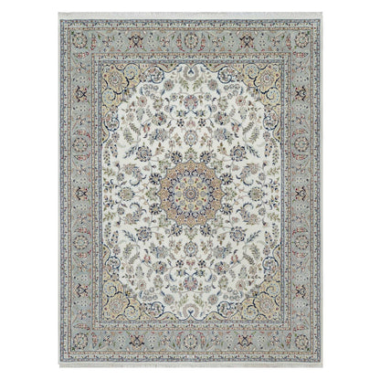 7'8"X10'2" Daisy White Nain Floral Design Hand Knotted Wool And Silk Rug