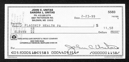 Johnny Unitas Hof Signed/Autographed 1999 Bank Check Baltimore Colts Jsa 199040