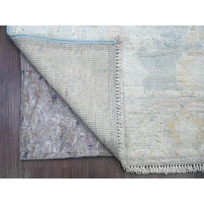 3'X15'6" Blue Angora Oushak Leaf Design Hand Knotted Pure Wool Runner Rug