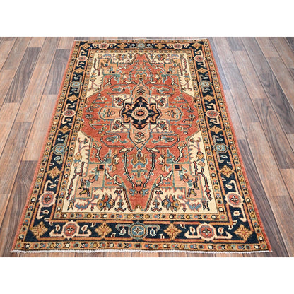 3'X5' Orange Soft Wool Rug Peshawar With Seeripe Heris Design Hand Knotted