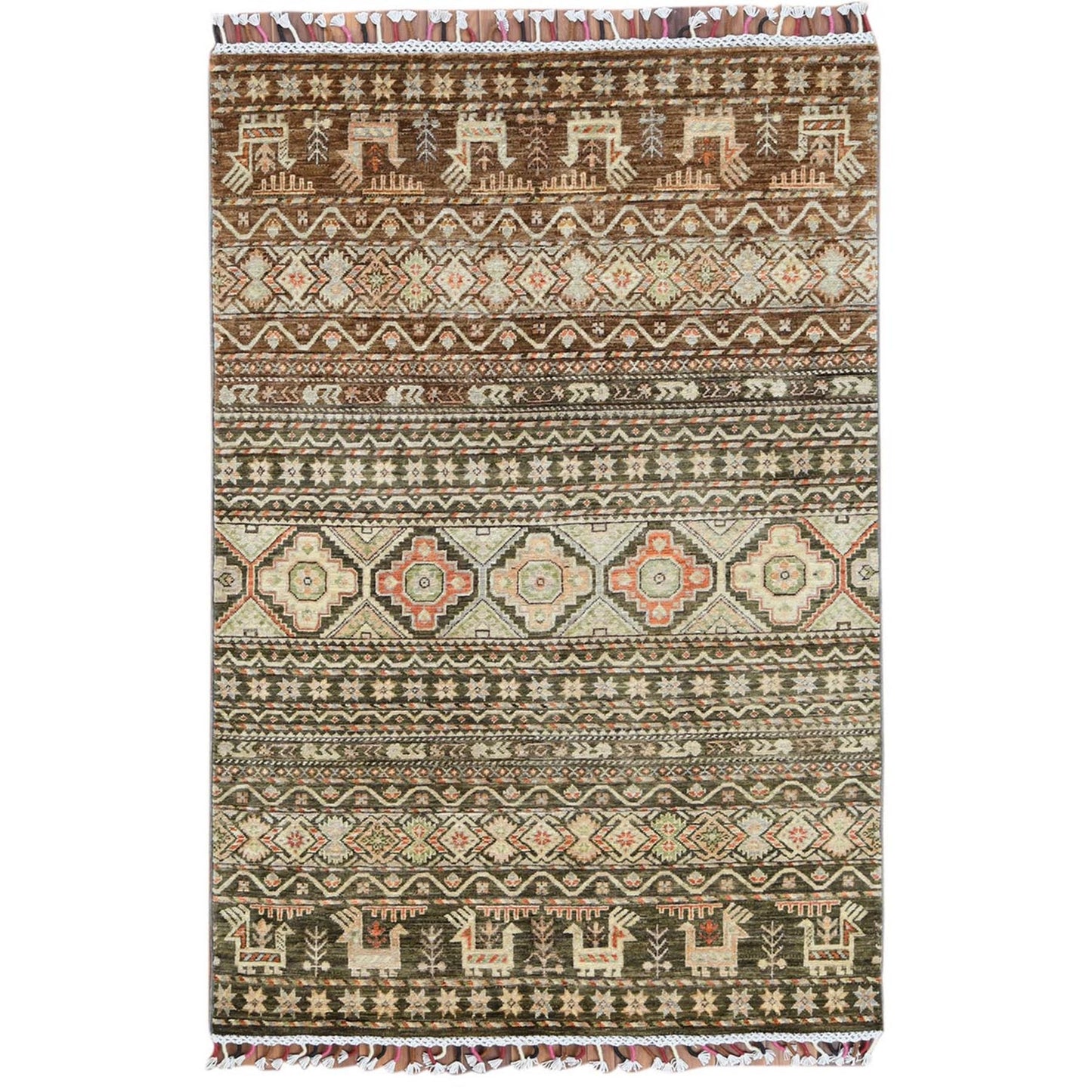 4'X5'9" Green Hand Knotted Super Kazak Khorjin Design Natural Wool Rug