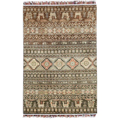 4'X5'9" Green Hand Knotted Super Kazak Khorjin Design Natural Wool Rug