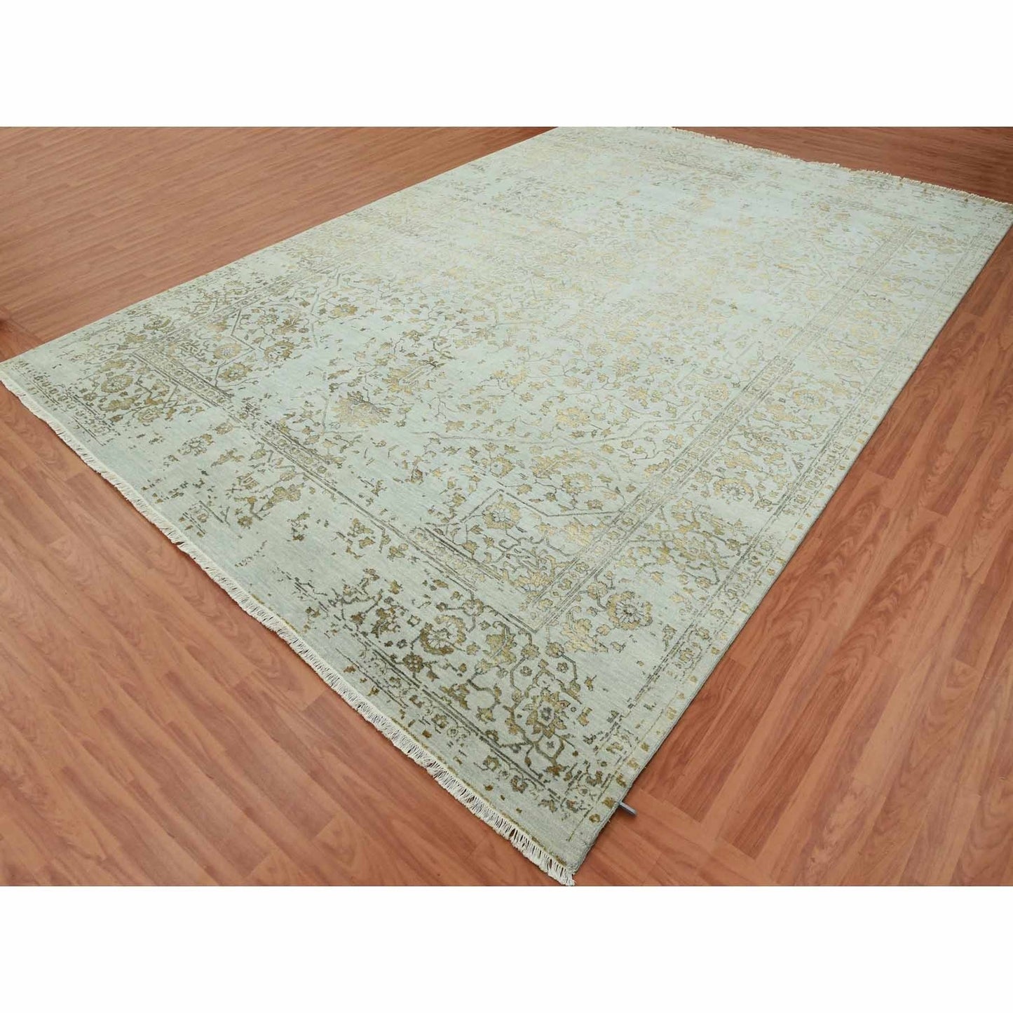 10'X14' Gray Hand Knotted Zoroastrian Heris Design Wool And Silk Rug