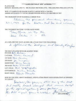 Jim Lonborg Autographed Hand Filled Out Survey