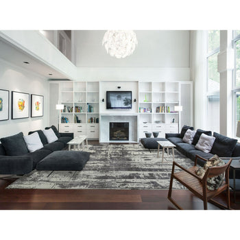 12'X15' Black Modern Design Wool And Silk Hand Loomed Oversized Rug