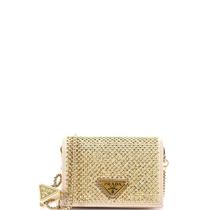Prada Flap Card Holder With Chain Satin With Crystals