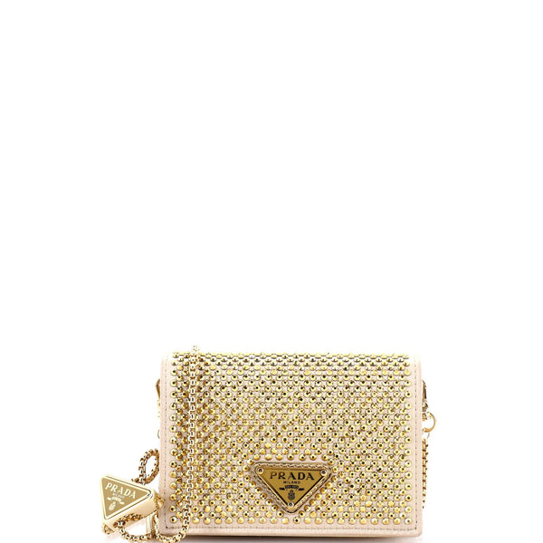 Prada Flap Card Holder With Chain Satin With Crystals