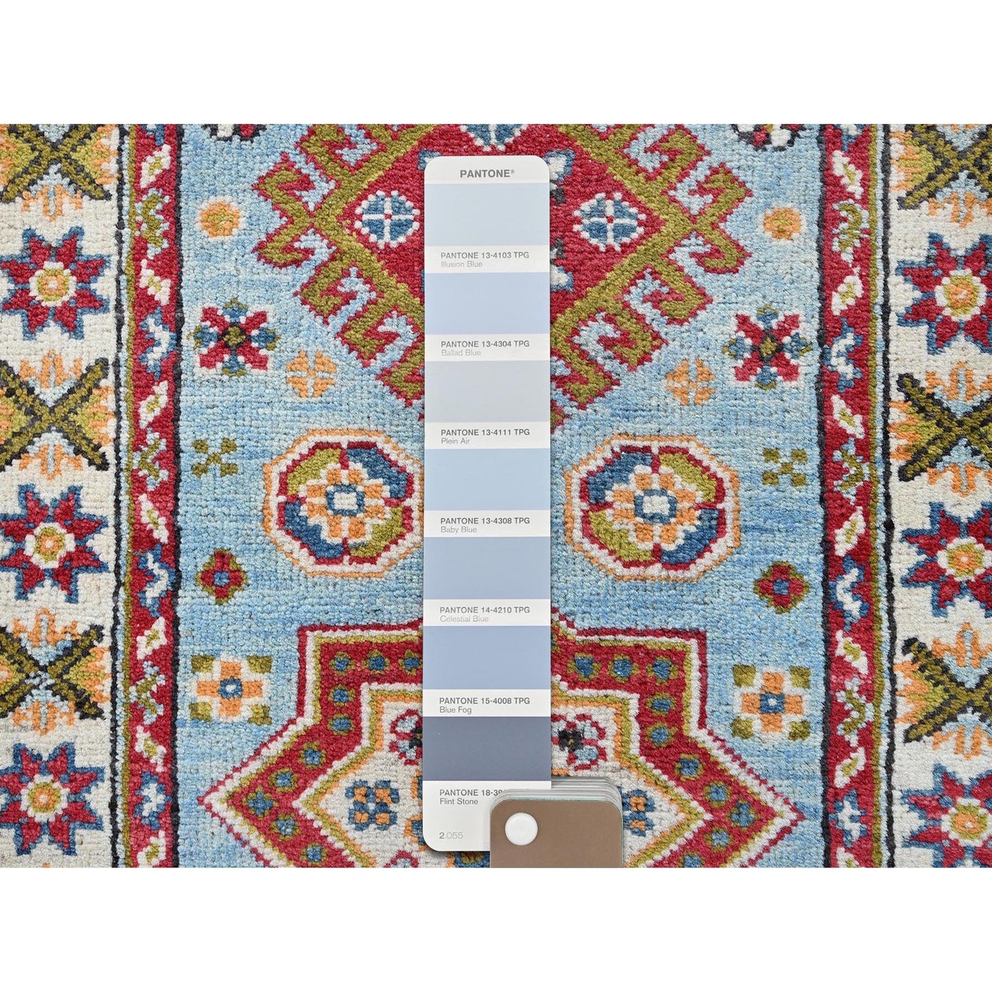 2'1"X5'9" Blue Kazak Geometric Design Hand Knotted Soft Wool Runner Rug