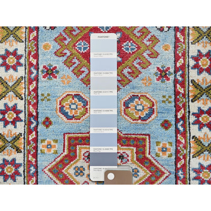 2'1"X5'9" Blue Kazak Geometric Design Hand Knotted Soft Wool Runner Rug