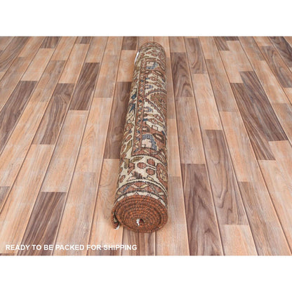 3'7"X9'10" Brown Vintage Farsian Worn Wool Hand Knotted Wide Runner Rug
