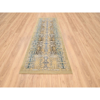 4'X12' Gold Brown Silk With Textured Wool Hand Knotted Wide Runner Rug