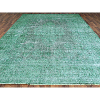 9'7"X12'5" Hand Knotted Shades Of Light Green Overdyed Farsian Karman Rug