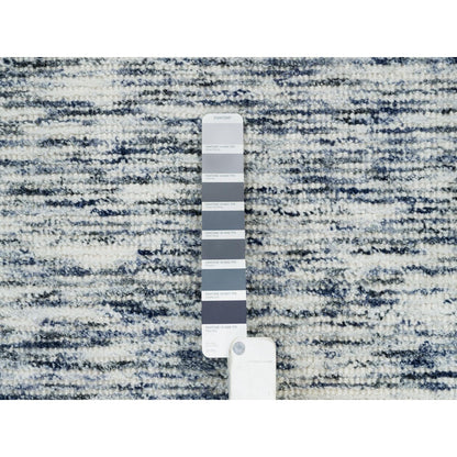 9'X12' Blue Modern Striae Design Pure Wool Hand Loomed Oriental Rug