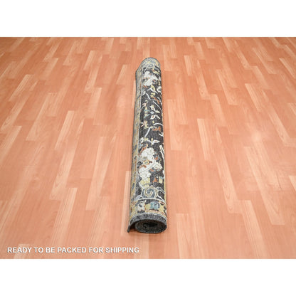 5'1"X7'4" Black With Yellow Zoroastrian Design Pure Wool Hand Knotted Rug