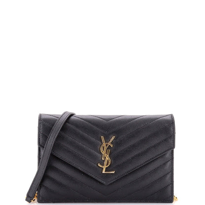 Saint Laurent Classic Monogram Wallet On Chain Matelasse Chevron Leather Small