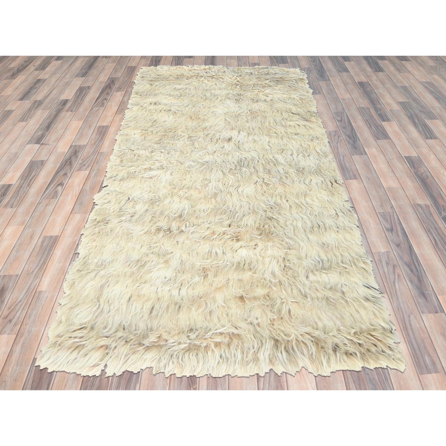 3'1"X5'3" Beige Shaggy Moroccan Undyed Natural Wool Hand Knotted Rug