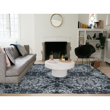 9'2''X12' Black Hand Knotted Wool And Silk Modern Tie Dye Design Rug