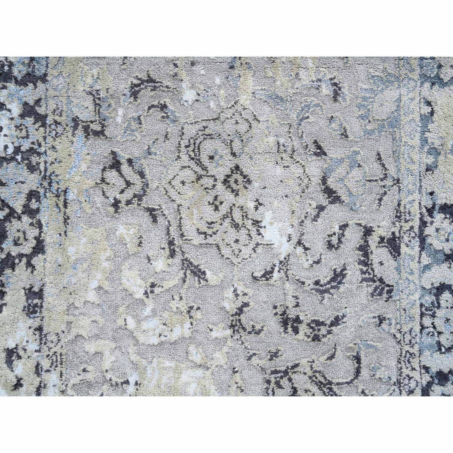 2'6"X6'1" Gray Hand Knotted Broken Kishoon Design Wool/Silk Runner Rug