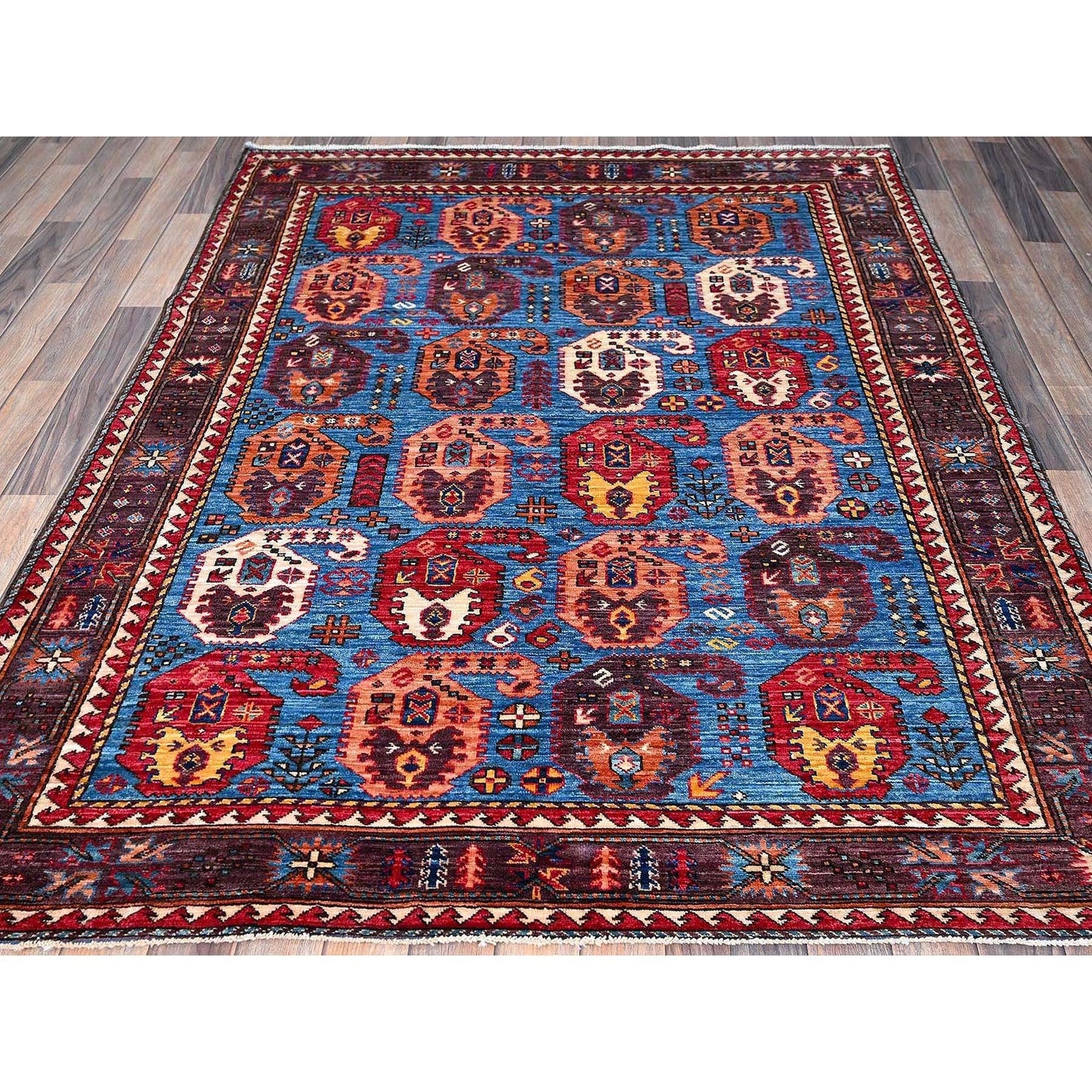 5'4"X6'8" Blue Afghan Caucasian Design Revival Hand Knotted Soft Wool Rug