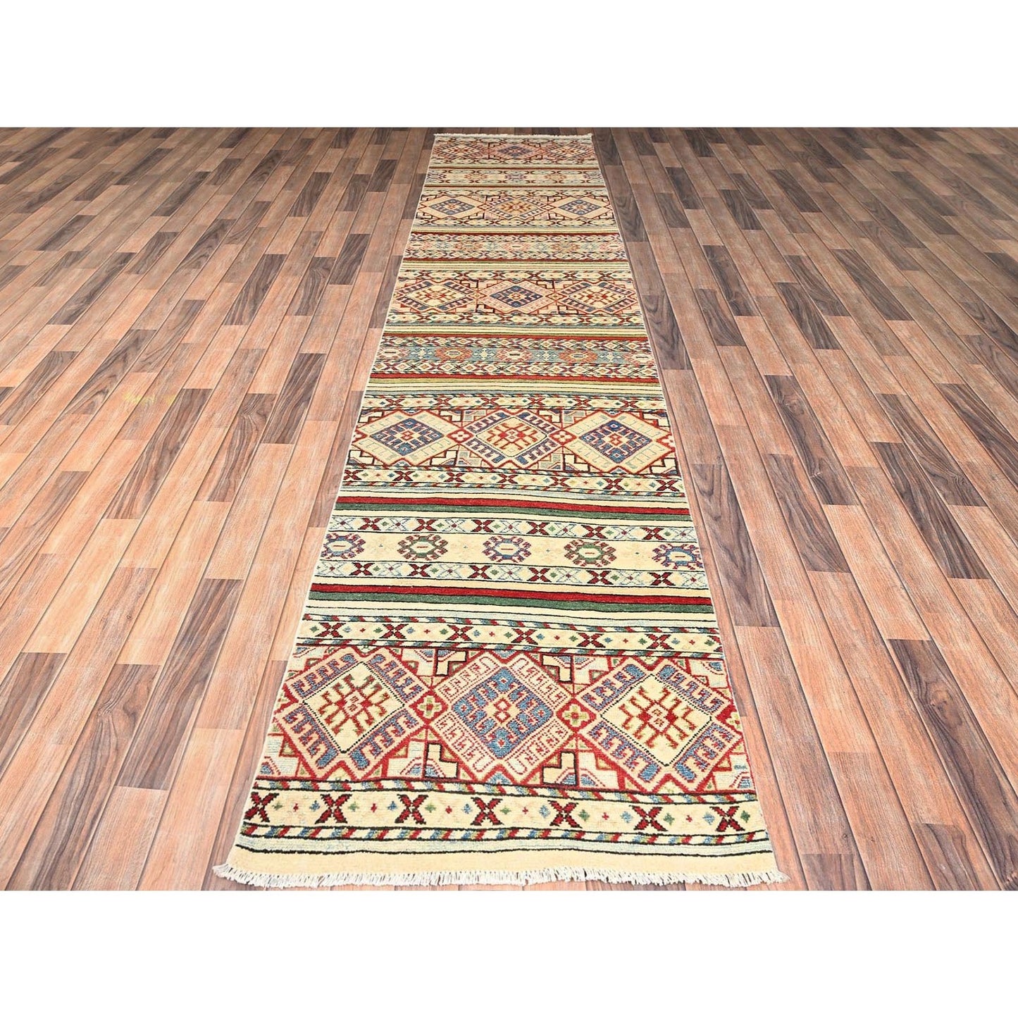 2'10"X13' Ivory Kazak With Geometric Pattern Hand Knotted Wool Runner Rug