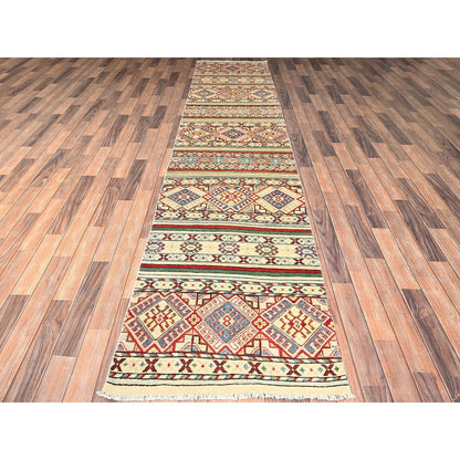2'10"X13' Ivory Kazak With Geometric Pattern Hand Knotted Wool Runner Rug