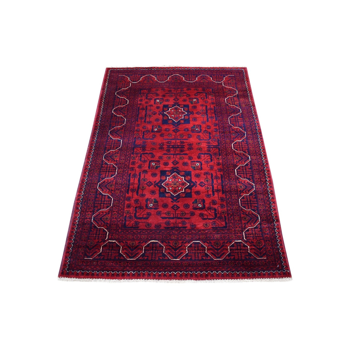 3'3"X4'10" Afghan Khamyab Pure Wool Hand Knotted Deep Red Rug
