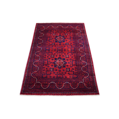 3'3"X4'10" Afghan Khamyab Pure Wool Hand Knotted Deep Red Rug