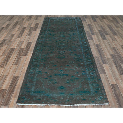3'8"X9'3" Brown Vintage Farsian Bibikabad Hand Knotted Wool Runner Rug