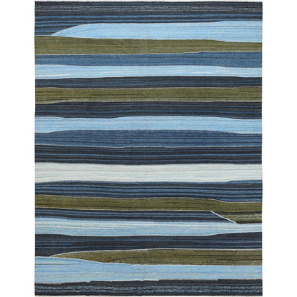 10'7"X13'8" Blue And Brown Mountain Design Flat Weave Kilim Pure Wool Rug