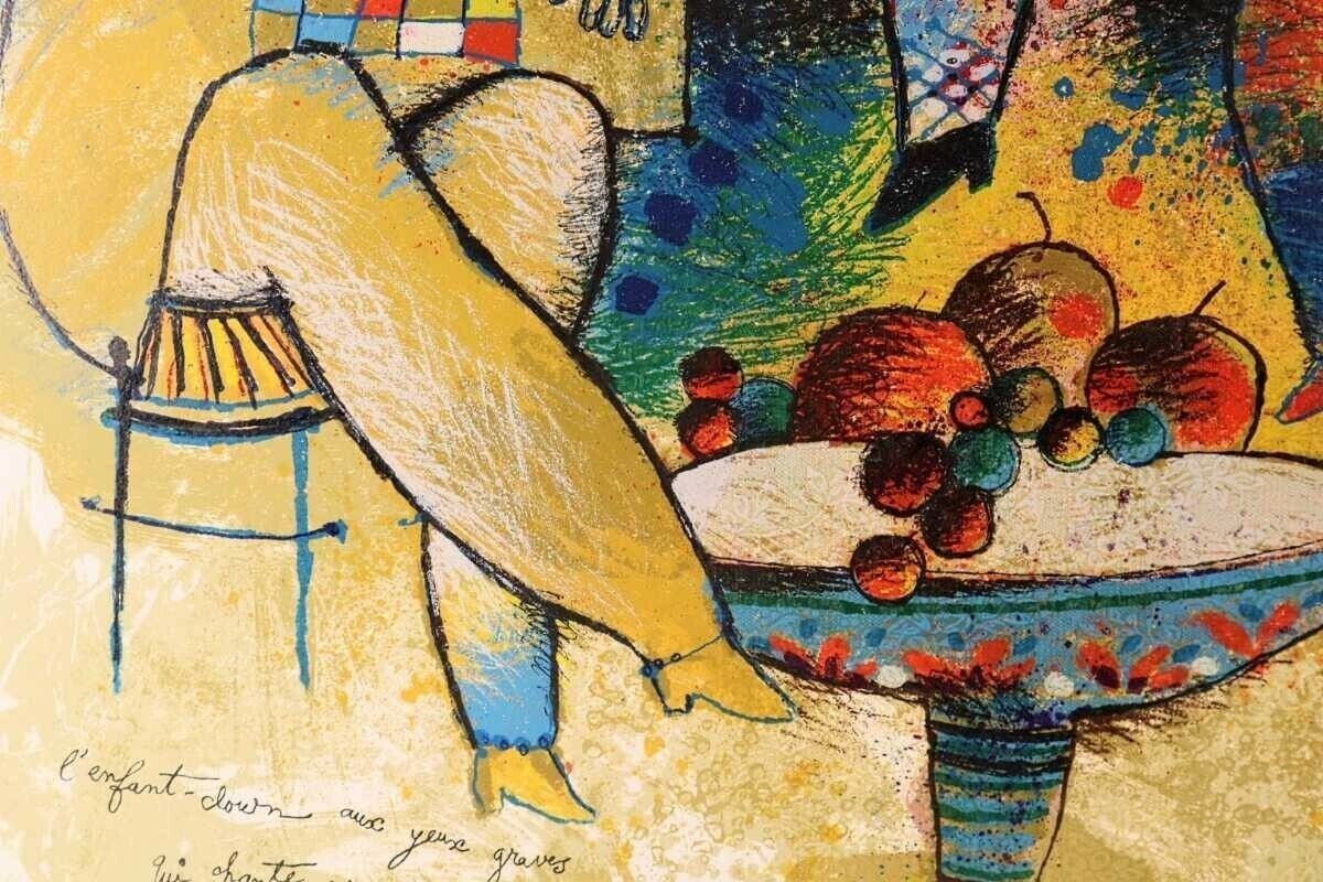 Theo Tobiasse Child Clown Original Large Lithograph Signed Modern Cubism Artwork