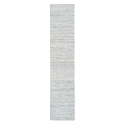2'6"X11'10" Ivory Hand Loomed Plain Modern Striae Design Wool Runner Rug