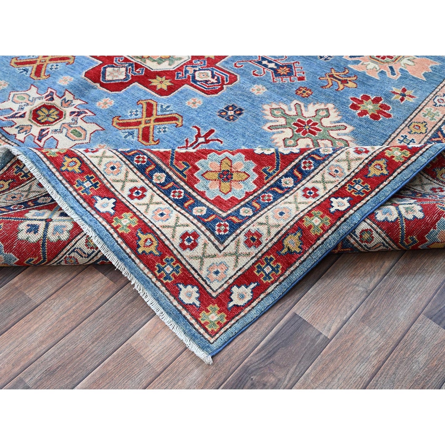 8'9"X12'1" Blue Kazak With Medallions Design Hand Knotted Soft Wool Rug