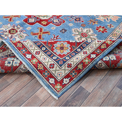8'9"X12'1" Blue Kazak With Medallions Design Hand Knotted Soft Wool Rug