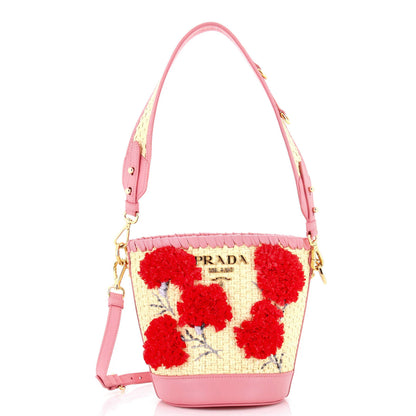 Prada Bucket Bag Woven Raffia With Leather With Applique Small