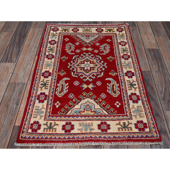 2'X3' Red Kazak Geometric Medallion Design Soft Wool Hand Knotted Mat Rug