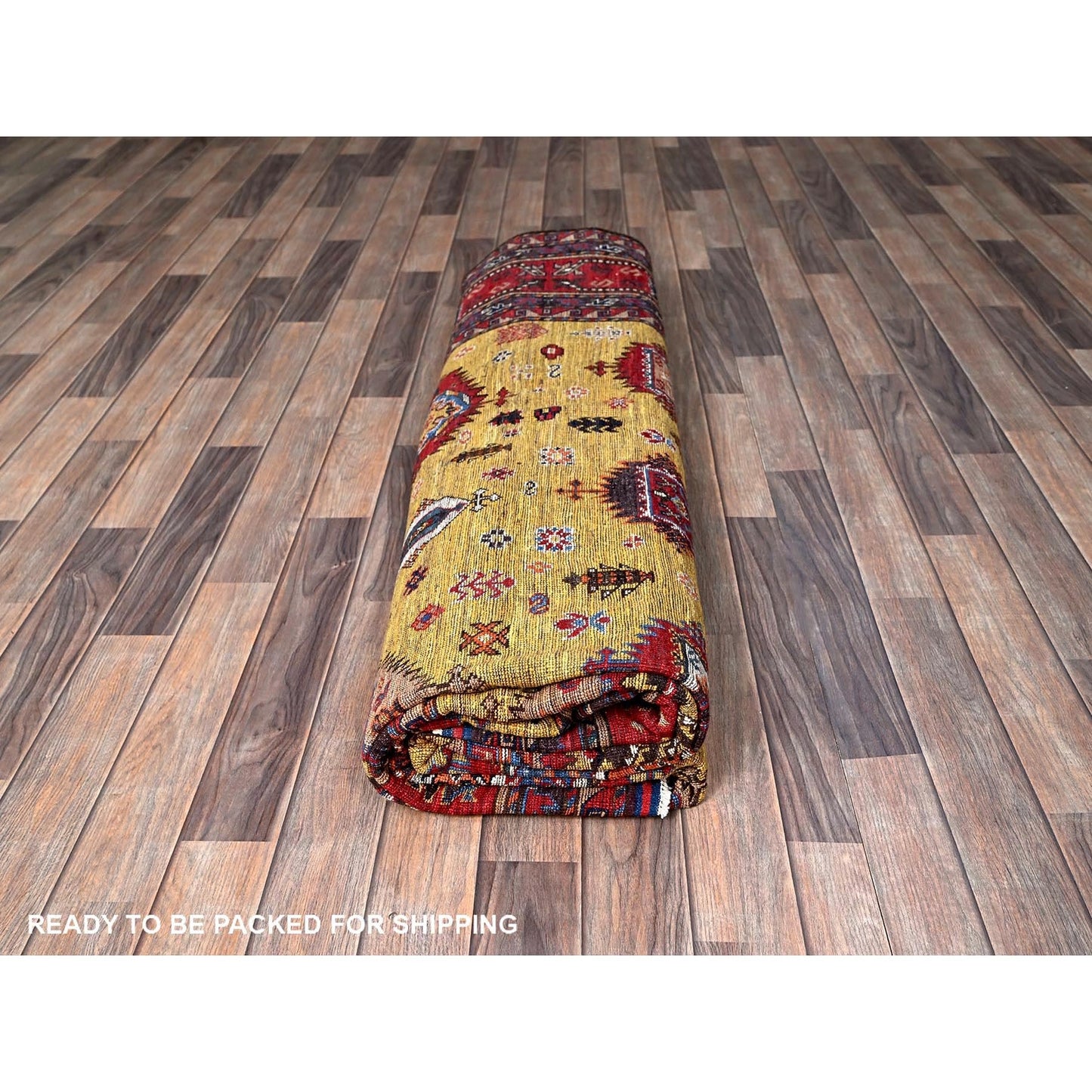Soft Wool Hand-Knotted Afghan Rug in Yellow with Caucasian Design (8'3"x9'8")
