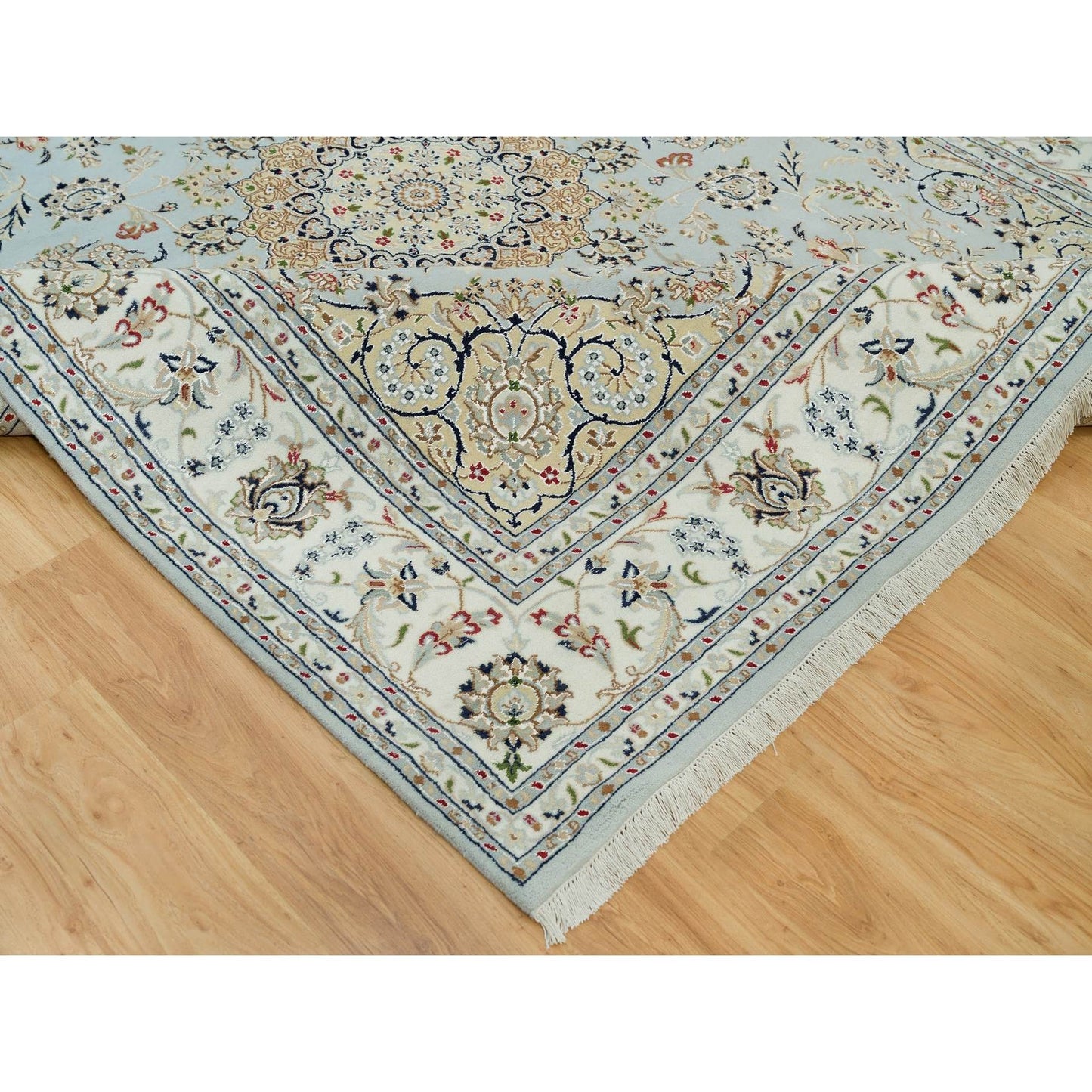 7'7"X9'9" Celeste Blue Nain Design 250 Kpsi Hand Knotted Square Rug
