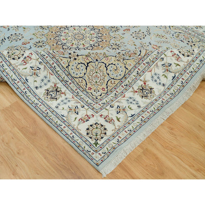 7'7"X9'9" Celeste Blue Nain Design 250 Kpsi Hand Knotted Square Rug