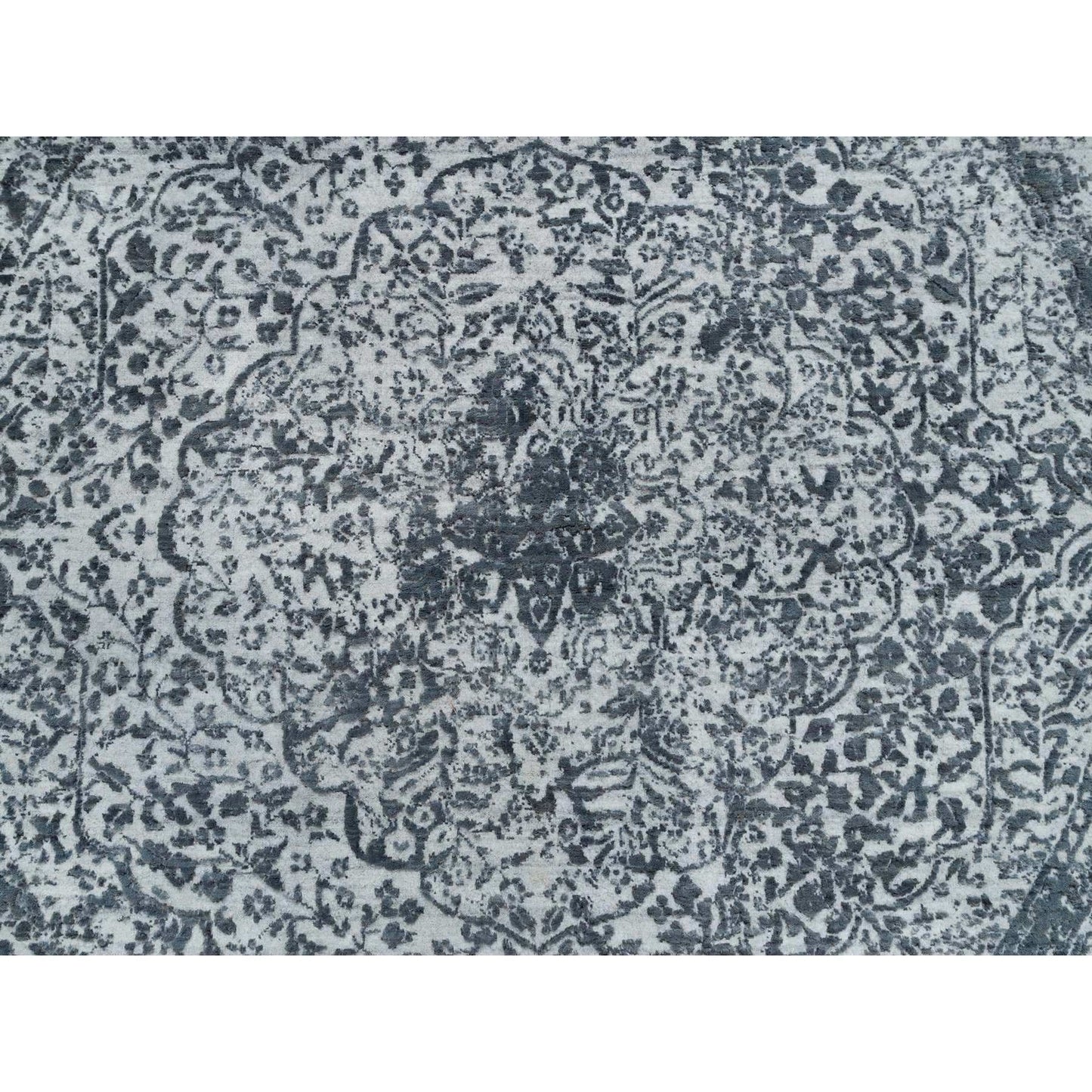 6'X6' Ice Gray Wool And Silk Broken And Erased Hand Knotted Oriental Rug