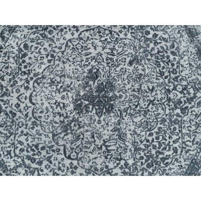 6'X6' Ice Gray Wool And Silk Broken And Erased Hand Knotted Oriental Rug