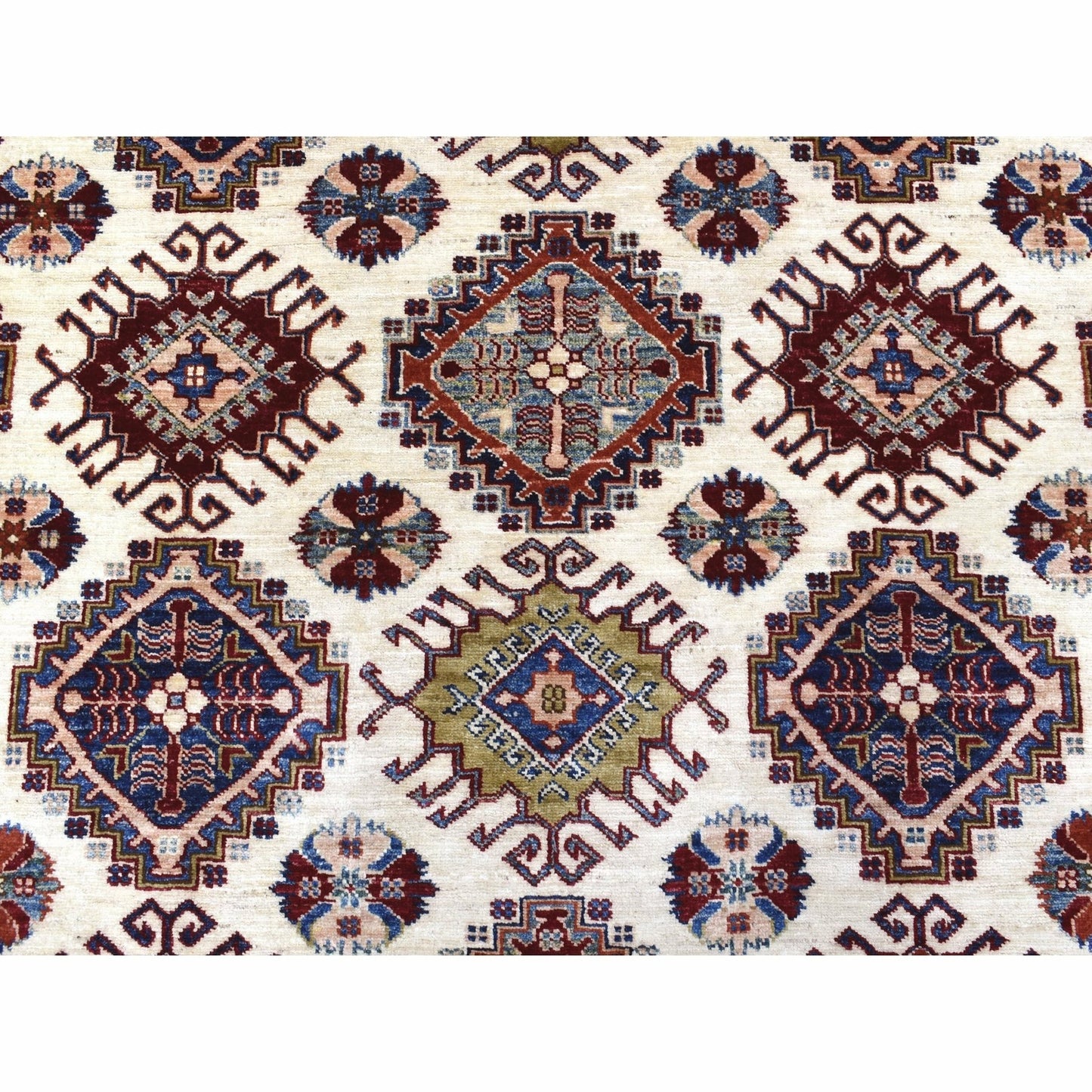 9'1"X12'4" Ivory Super Kazak Repetitive Medallions Wool Hand Knotted Rug