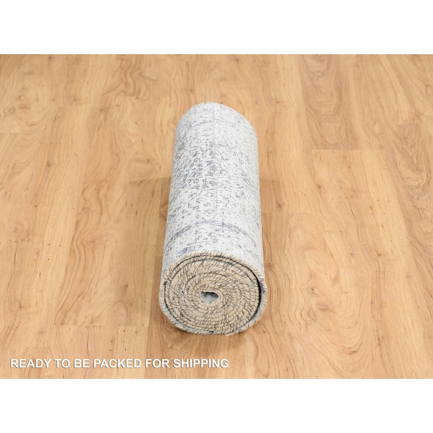 2'7"X12' Gray Wool/Silk Hand Knotted Erased Zoroastrian Design Runner Rug