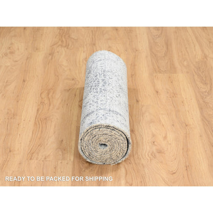 2'7"X12' Gray Wool/Silk Hand Knotted Erased Zoroastrian Design Runner Rug