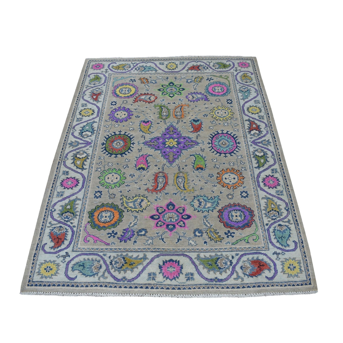 4'X5'9" Colorful Gray Fusion Kazak Pure Wool Hand Knotted Oriental Rug