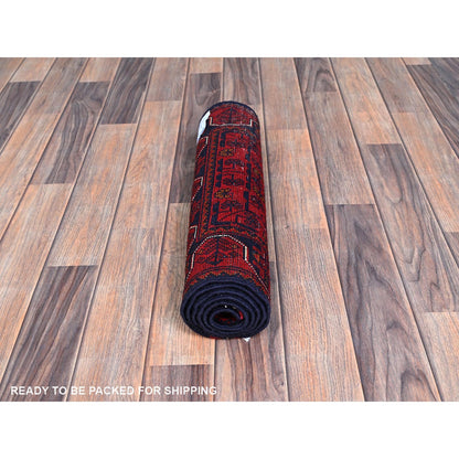 1'8"X4'9" Red Hand Knotted Afghan Khamyab Geometric Pattern Wool Runner Rug