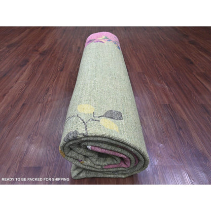 9'X12'3" Green Chinese Art Deco Inspired Peshawar Hand Knotted Wool Rug
