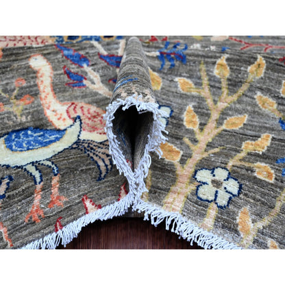 10'X13'6" Gray Hand Knotted Afghan Peshawar Birds Design Soft Wool Rug
